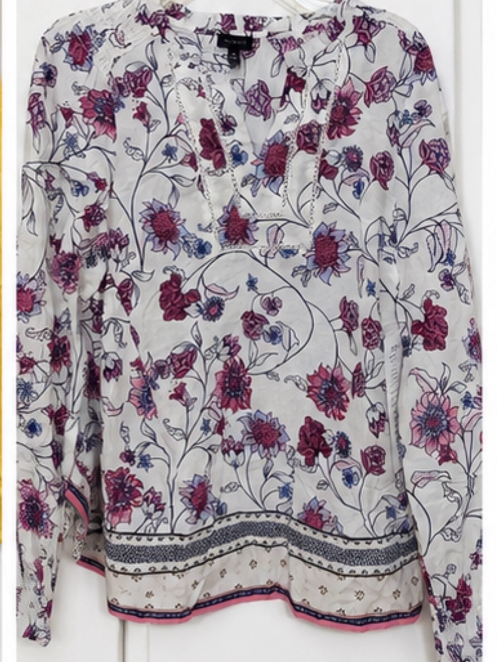 Talbots White Floral Tie-Front Blouse with Pink & Purple Blooms